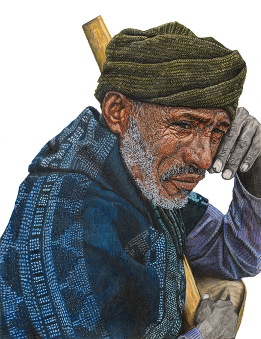 Coloured pencil drawing of an Ethiopian farmer by Mickey Arts symbolizing resilience and a deep connection to the land cultivating vital crops like teff and coffee, embodying hard work despite numerous challenges such as drought.