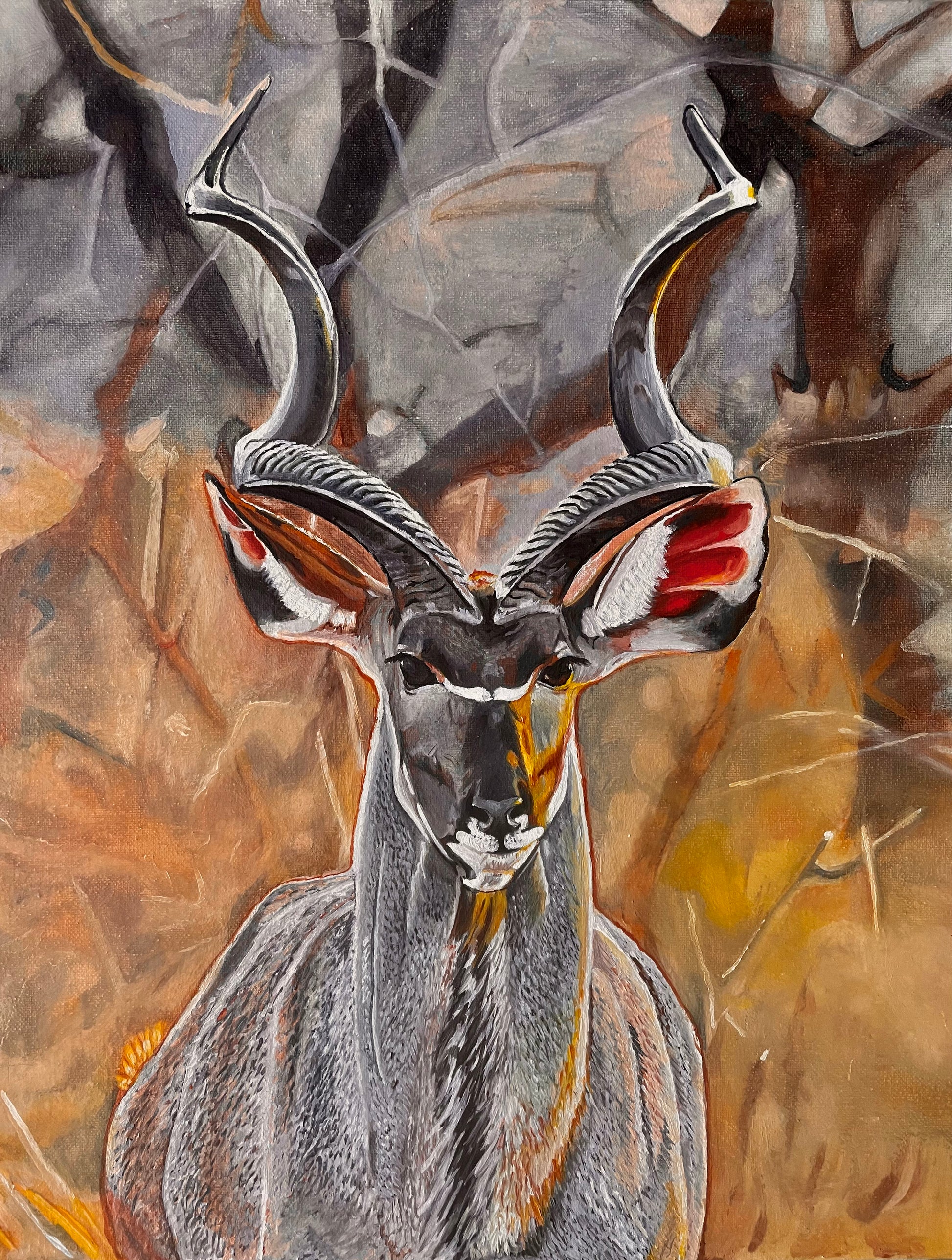 Graphite drawing of a majestic African kudu bull with spiraled antlers, symbolizing strength, grace, and cultural heritage by Mickey Arts