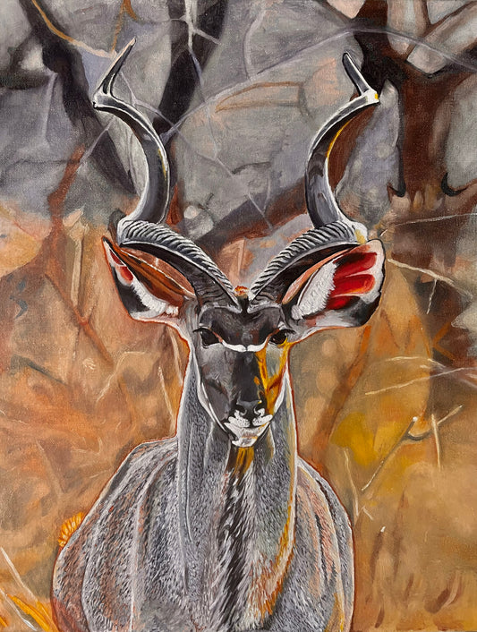 Graphite drawing of a majestic African kudu bull with spiraled antlers, symbolizing strength, grace, and cultural heritage by Mickey Arts