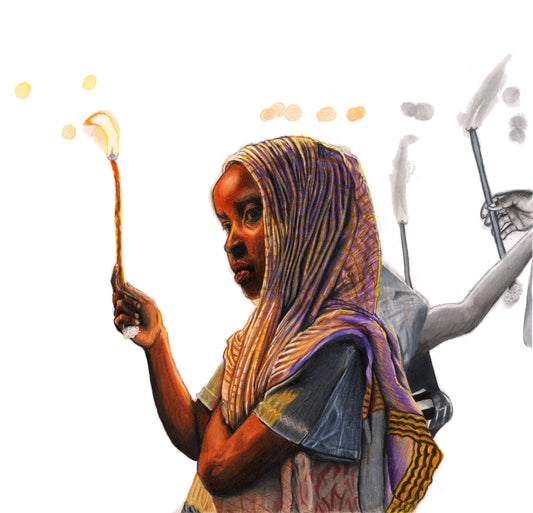 Coloured pencil artwork of Ethiopia’s Meskel celebration with bonfires and traditional dance, symbolizing faith, unity, and cultural heritage by Mickey Arts