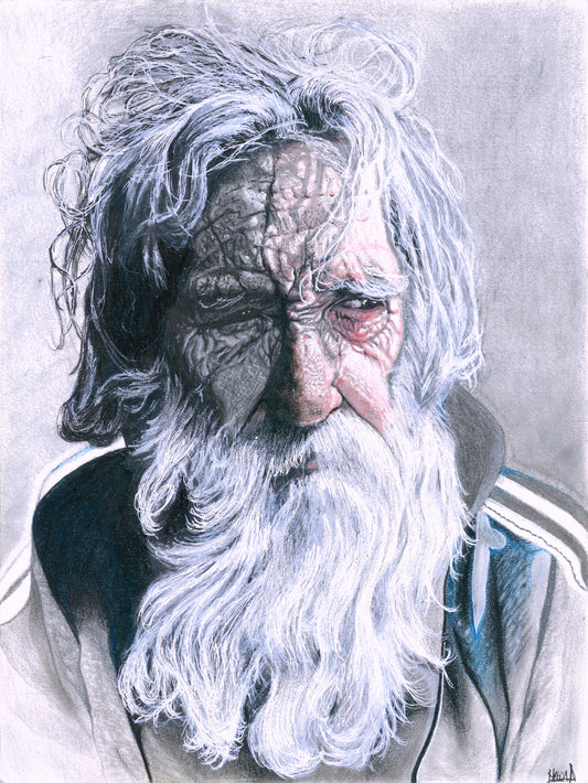 Realistic graphite portrait called 'Father Time' of an elderly man with white beard, symbolizing wisdom and the passage of time by Mickey Arts