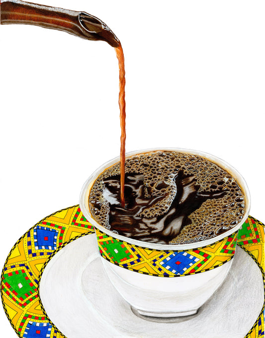 Coloured pencil artwork of traditional Ethiopian coffee ceremony, capturing the cultural ritual of pouring coffee as a symbol of heritage, unity, and community by Mickey Arts