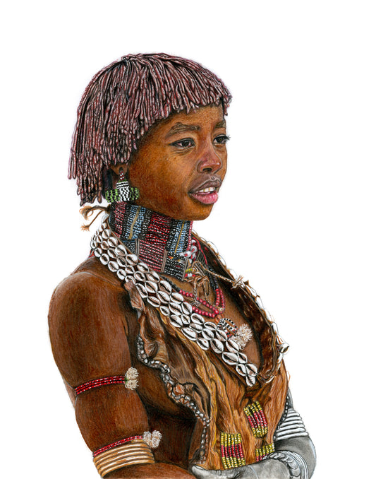 Coloured pencil portrait of a Hamer tribe woman showcasing traditional adornments, symbolizing strength, cultural identity, and resilience by Mickey Arts