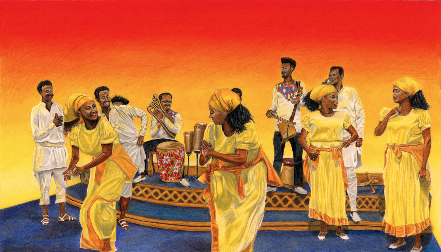 Culture in Motion artwork depicting Ethiopian dancers performing Eskista at Checheho Restaurant, showcasing traditional attire and vibrant cultural celebration. Artwork by Mickey Arts.